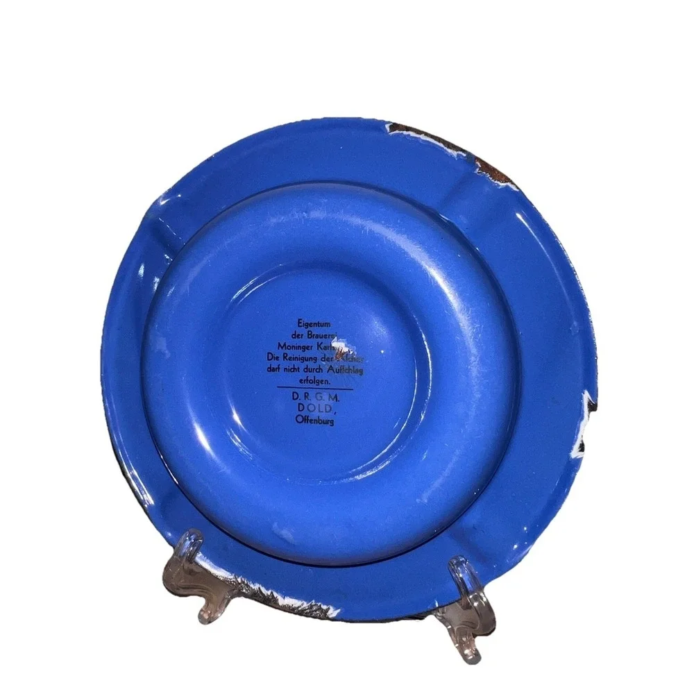 Vintage Moninger Bier Karlsruhe Blue Enamel Advertising Ashtray German Brewery